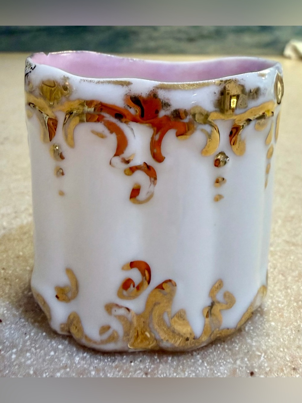 Antique Porcelain Toothpick Holder Oval Scalloped White Gold Gild Pink Germany